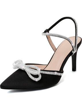 Women's Satin Black Closed Toe Rhinestone Low Slingback Shoes Kitten Heels